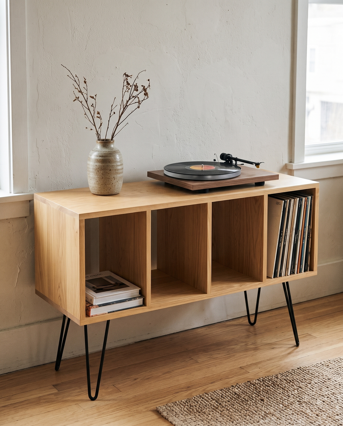 Credenza Baco Encino en espacio minimalista con productos