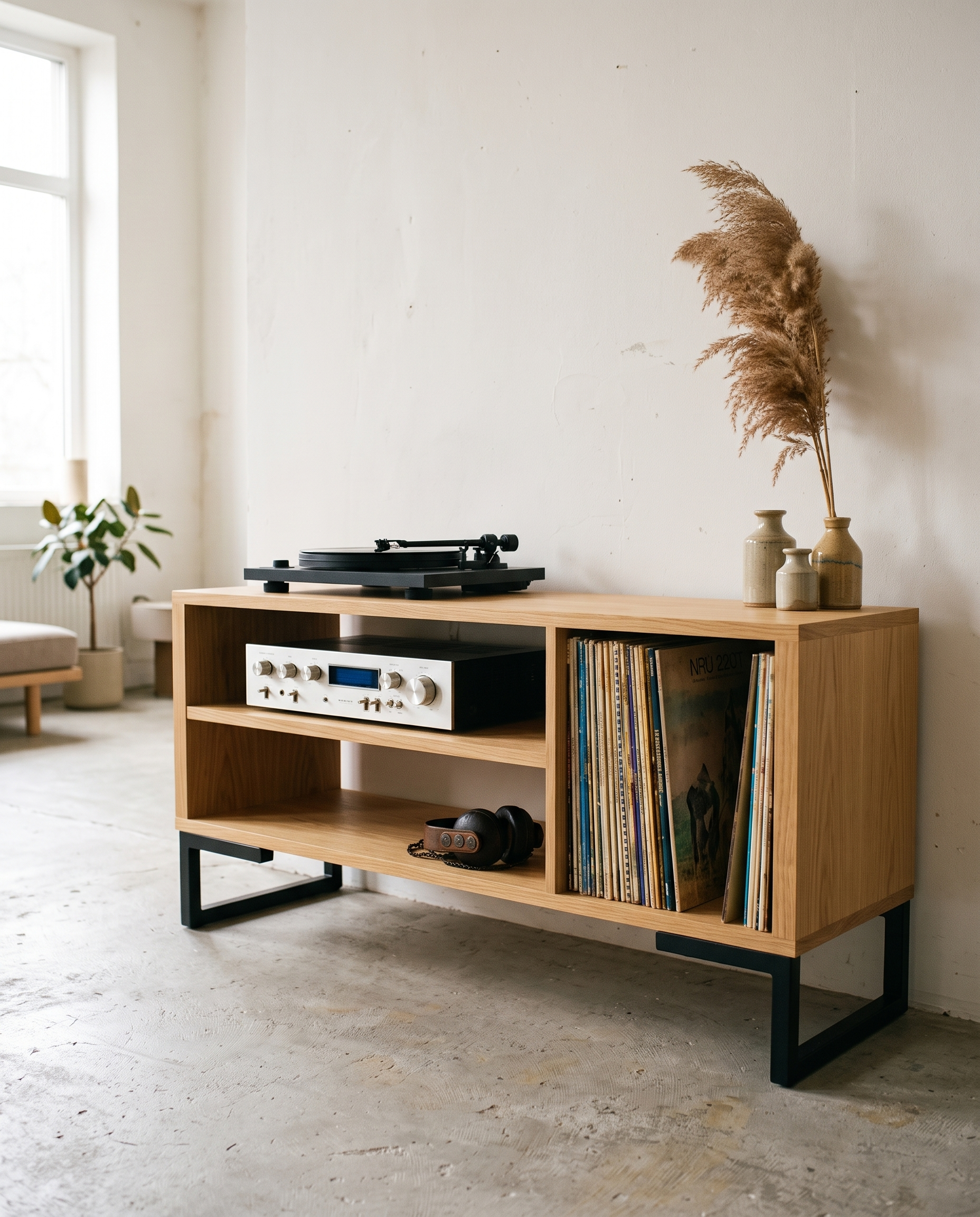 Credenza Febo Encino en espacio minimalista con productos