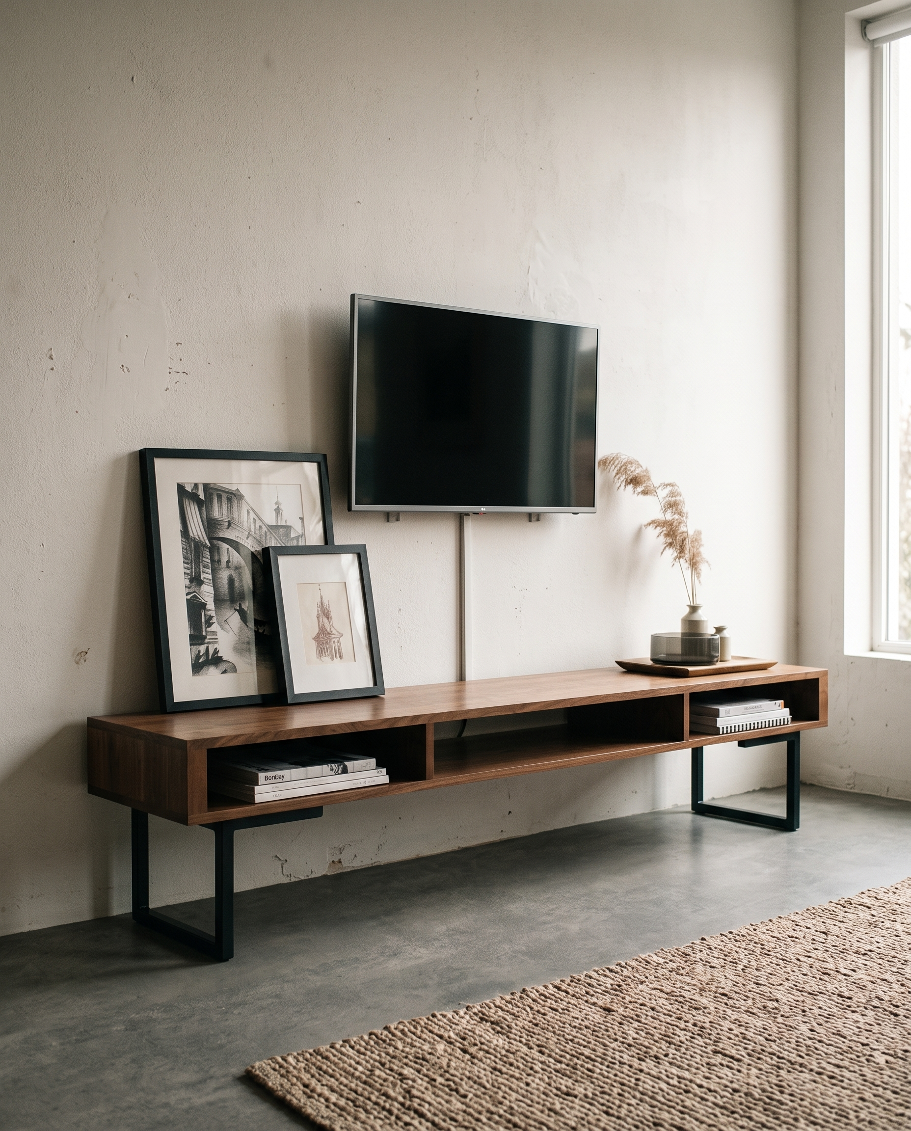 Mueble de TV Tzalam en espacio minimalista con productos