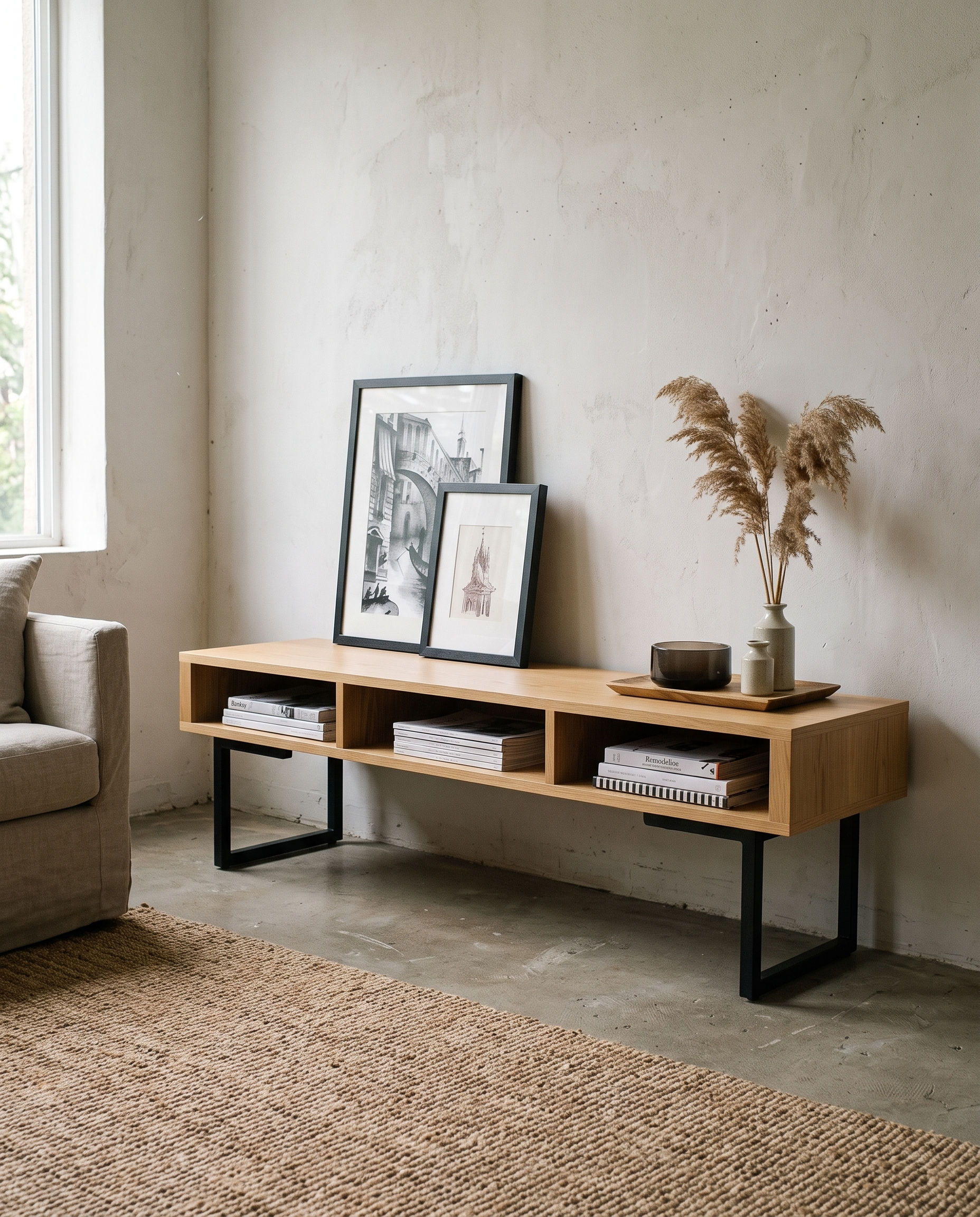 Mueble de TV Encino en espacio minimalista con productos