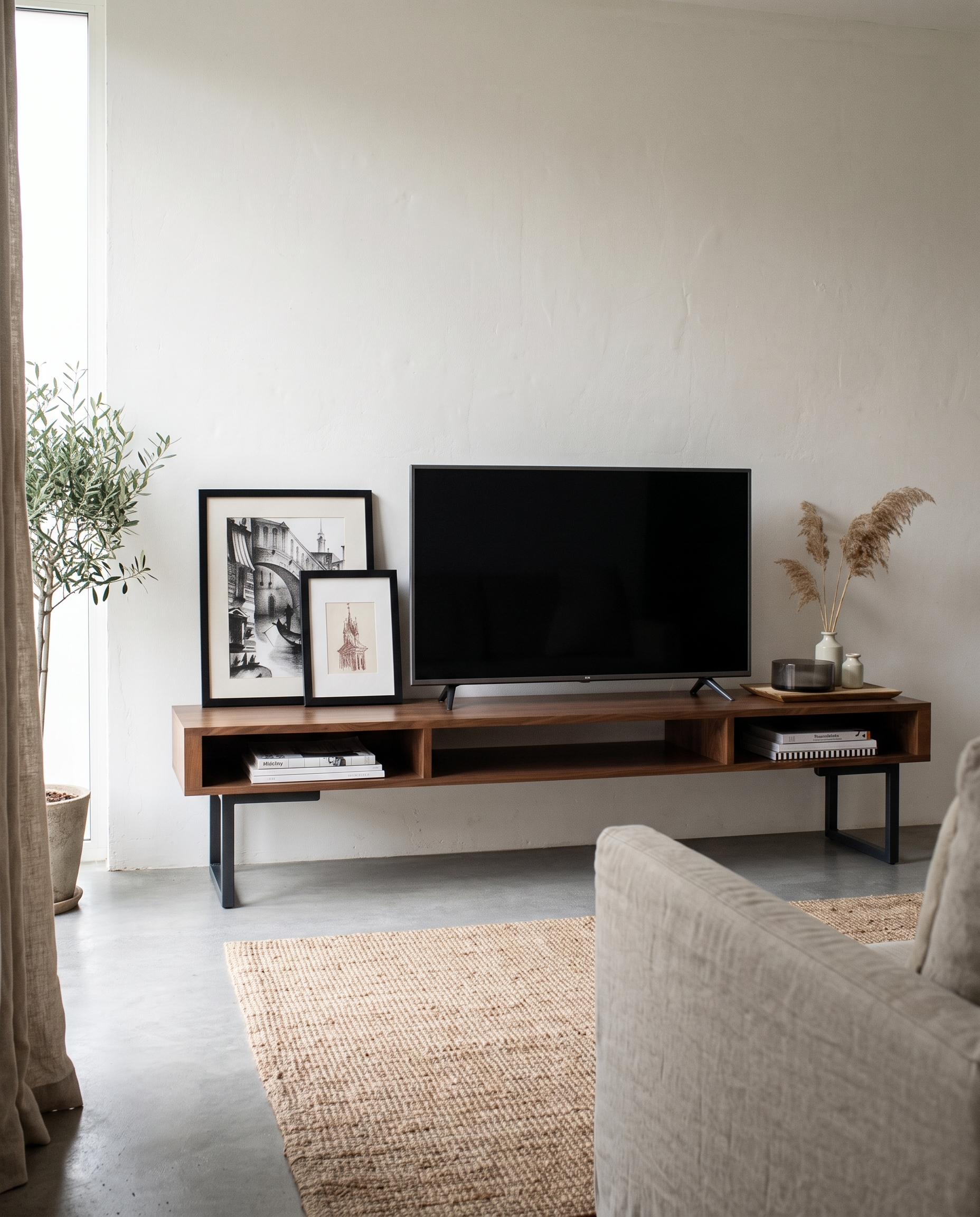 Mueble de TV Tzalam con televisión en espacio minimalista