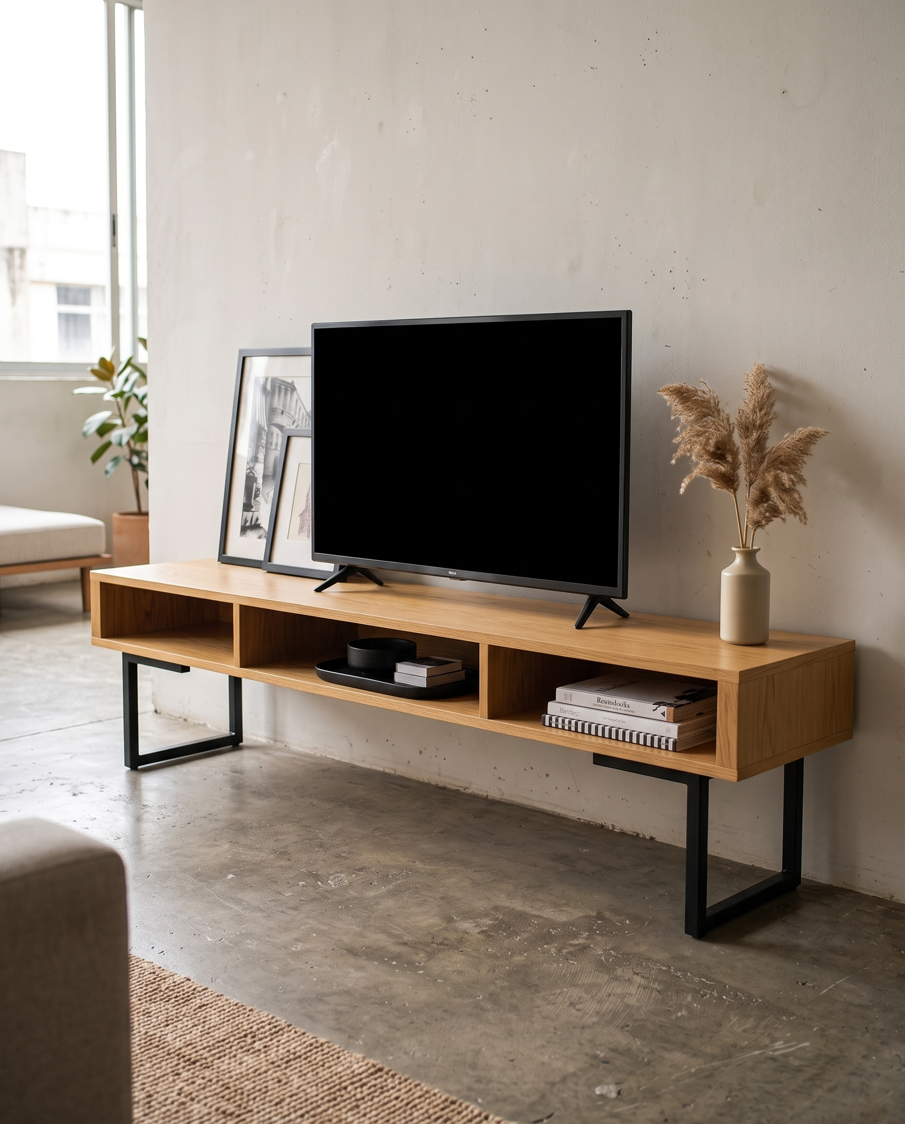 Mueble de TV Encino con televisión en espacio minimalista