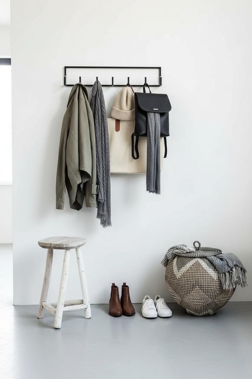Perchero Haarlem en uso en recibidor moderno con abrigos y accesorios